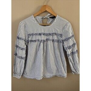 J Crew Womens Blouse Size 4 Blue White Stripe Ruffle Tie Back Top Casual Chic